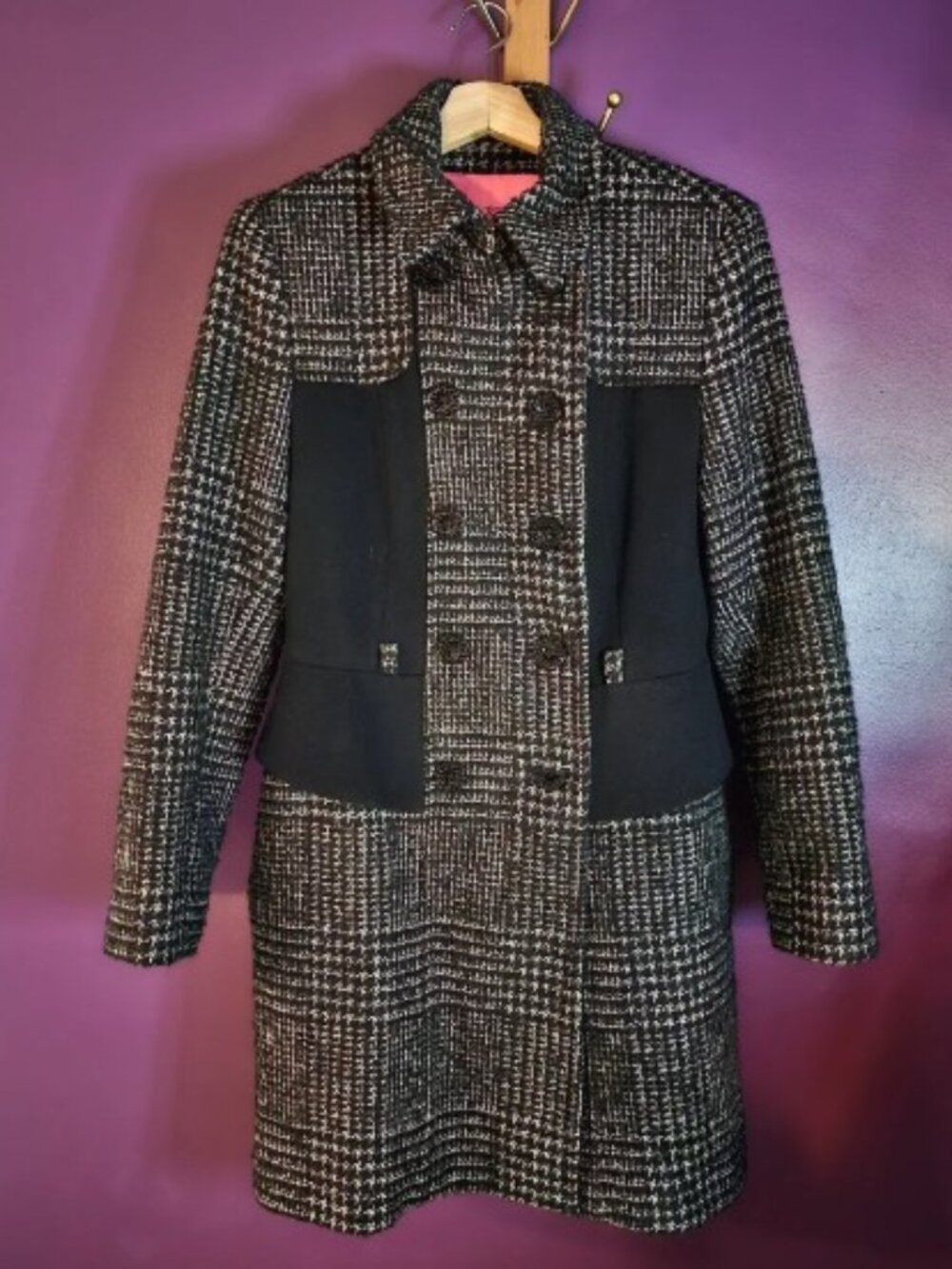 Betsey Johnson Wool Blend Tweed Structured Coat Architectural Plaid Black White